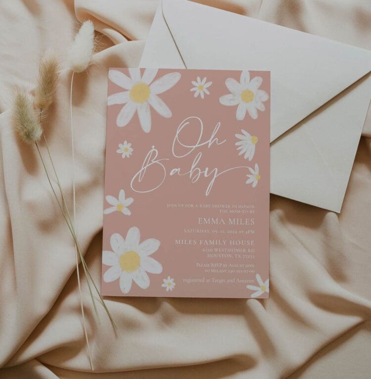 oh baby invitation, baby shower invitation, pink daisy invitation, girl baby shower invitation,