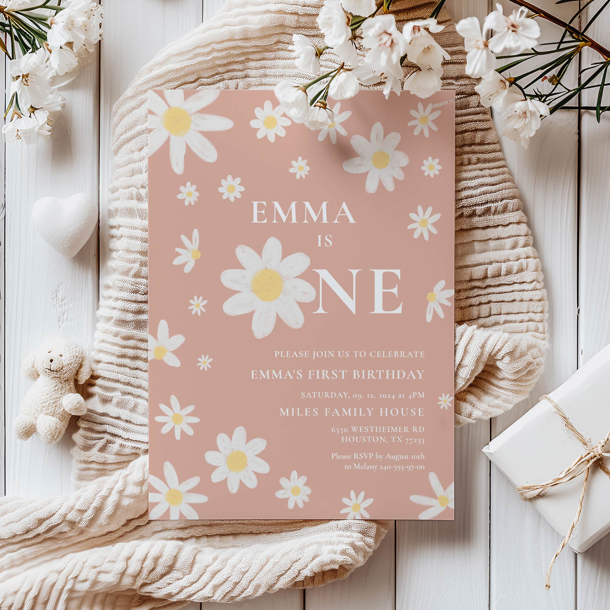 1st birthday invitation, birthday invitation daisy pink, girl birthday invitation,