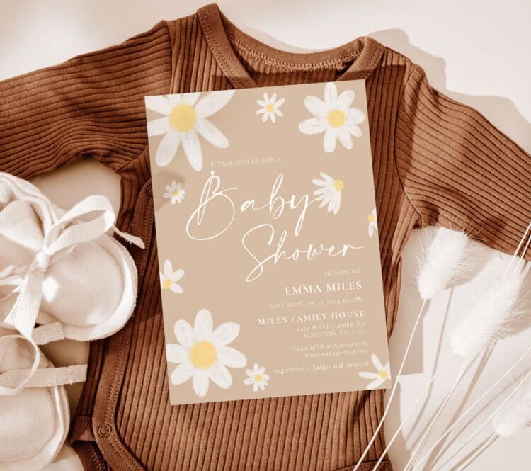 baby shower invitation, beige baby shower, daisy flower baby shower invitation,