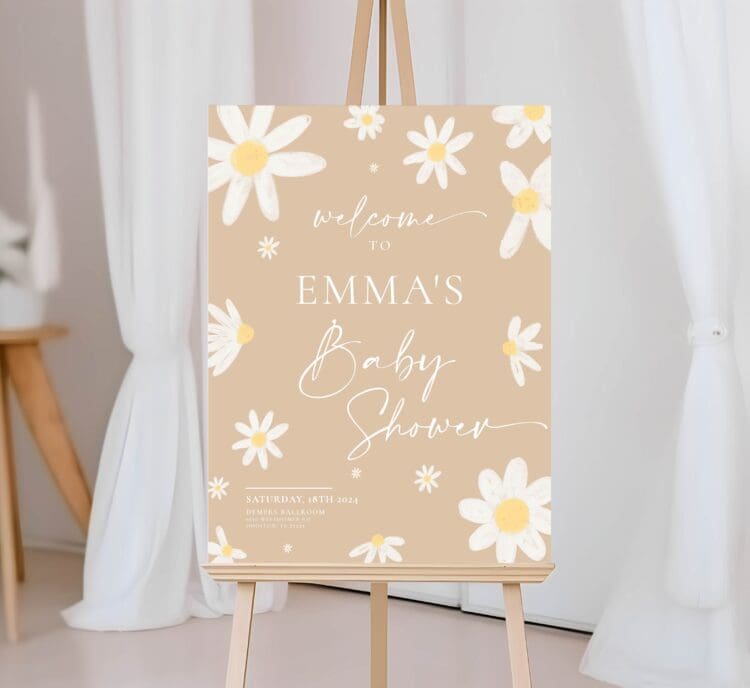 baby shower welcome sign, beige daisy welcome sign, beige baby shower floral sign,