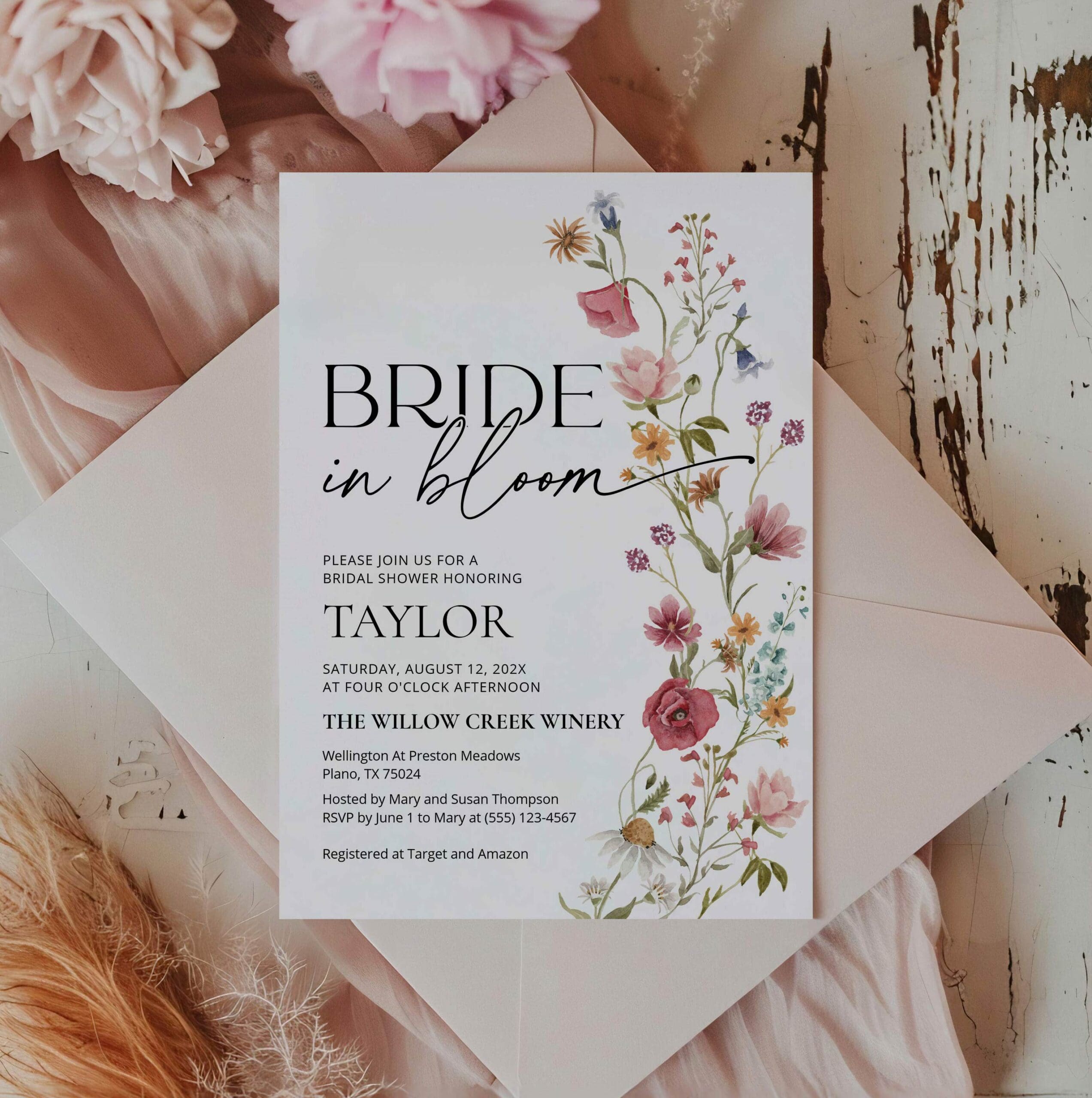 bridal shower invitation, bride in bloom, floral bridal shower,
