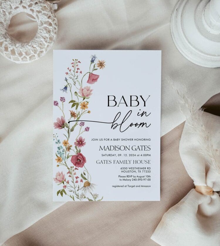 baby shower, baby shower invitation, floral baby shower invitation, wildflower baby shower,