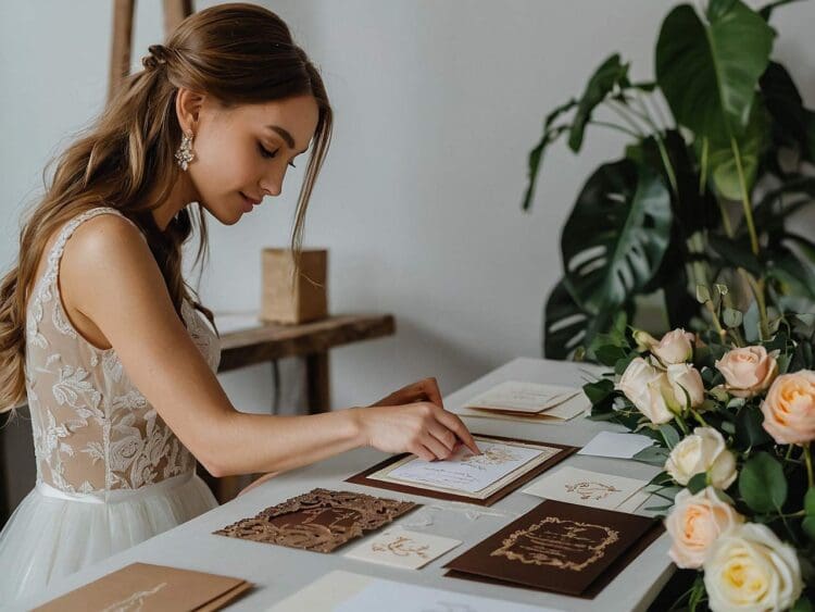 bride with invitations