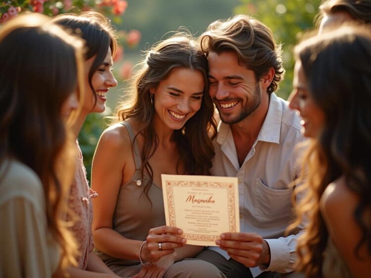 modern couple reading wedding invitation