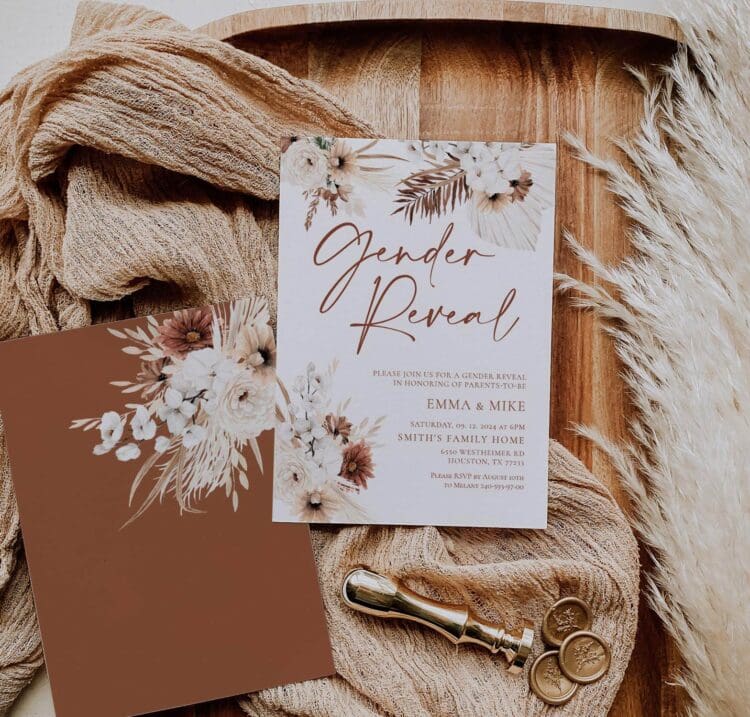 Boho Gender Reveal Invitation with Pampas