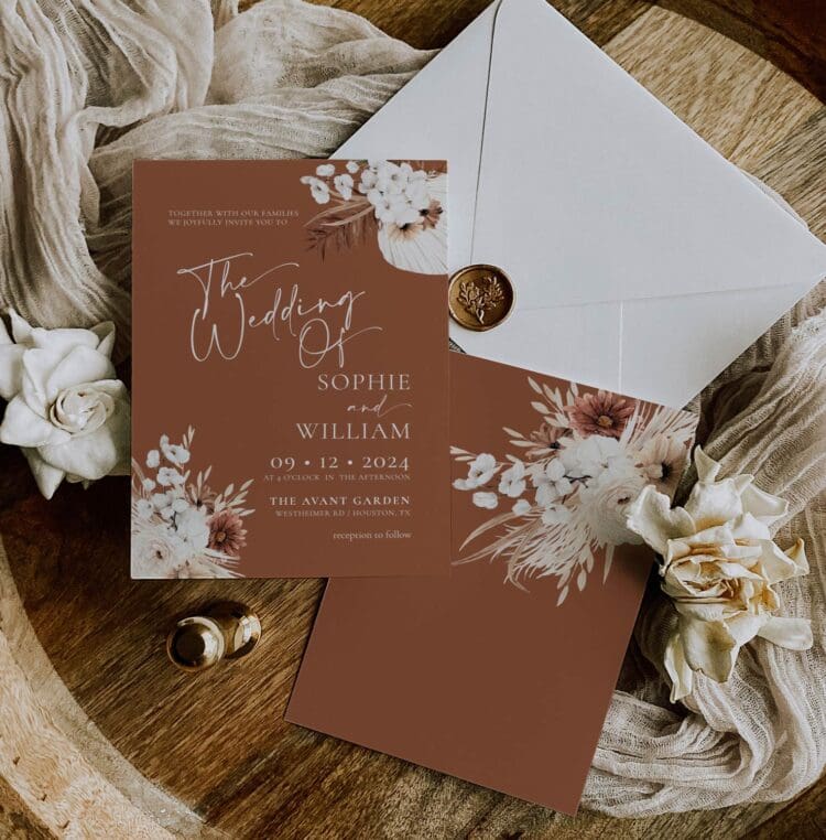 Terracotta Boho Pampas Wedding Invitation, wedding invitation,