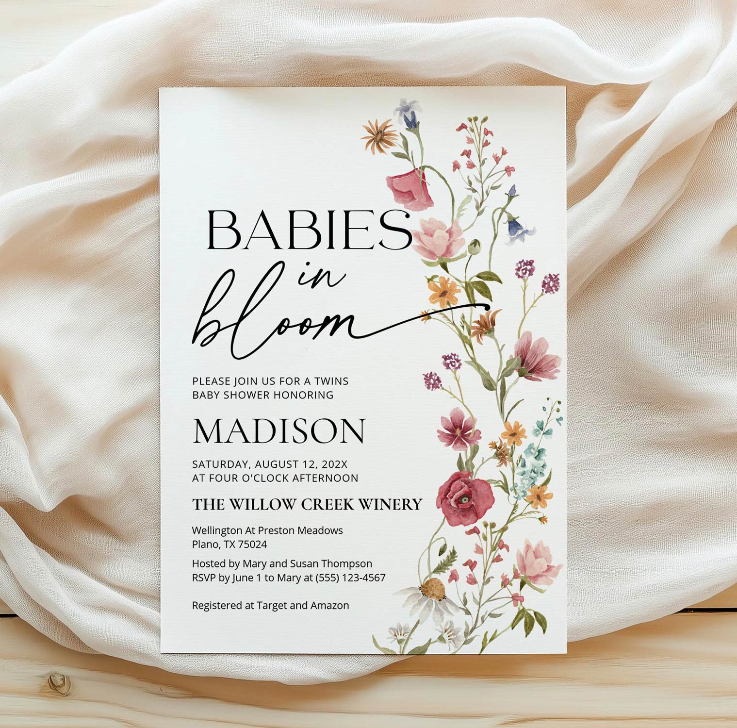 babies in bloom invitation, baby twin invitation,