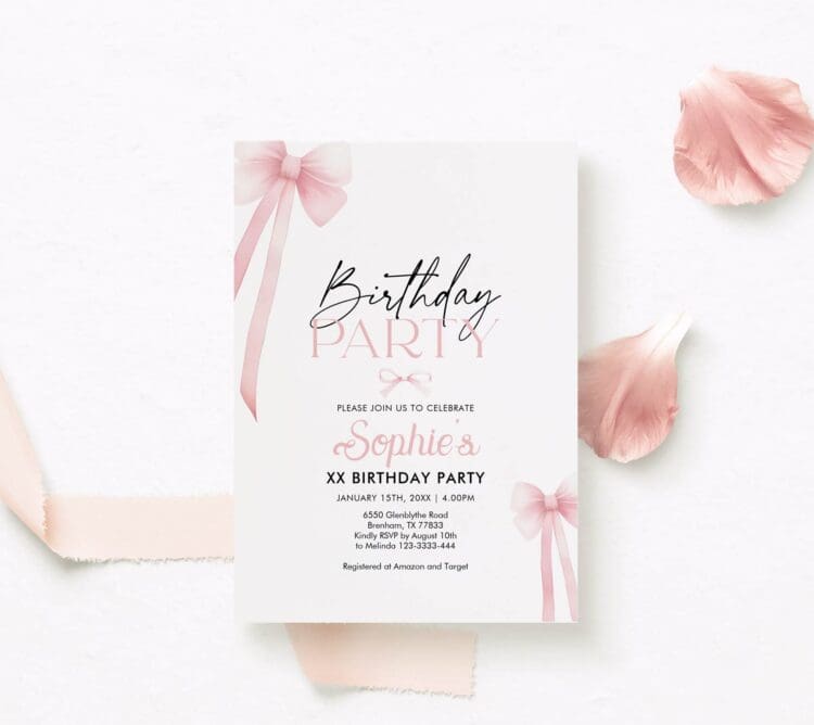 Cute Pink Bow Birthday Invitation