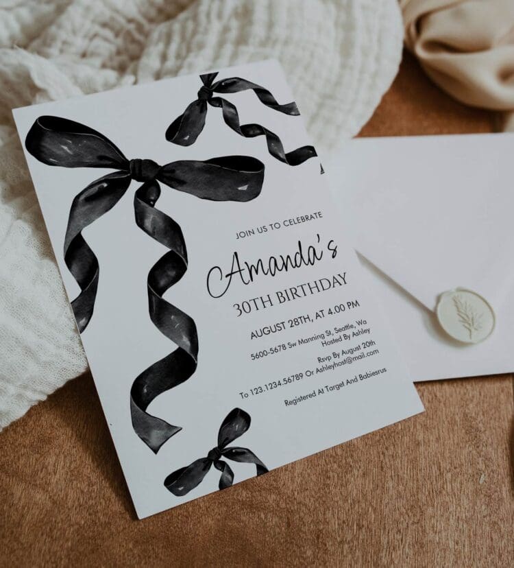 Black Coquette Bow Birthday Invitation