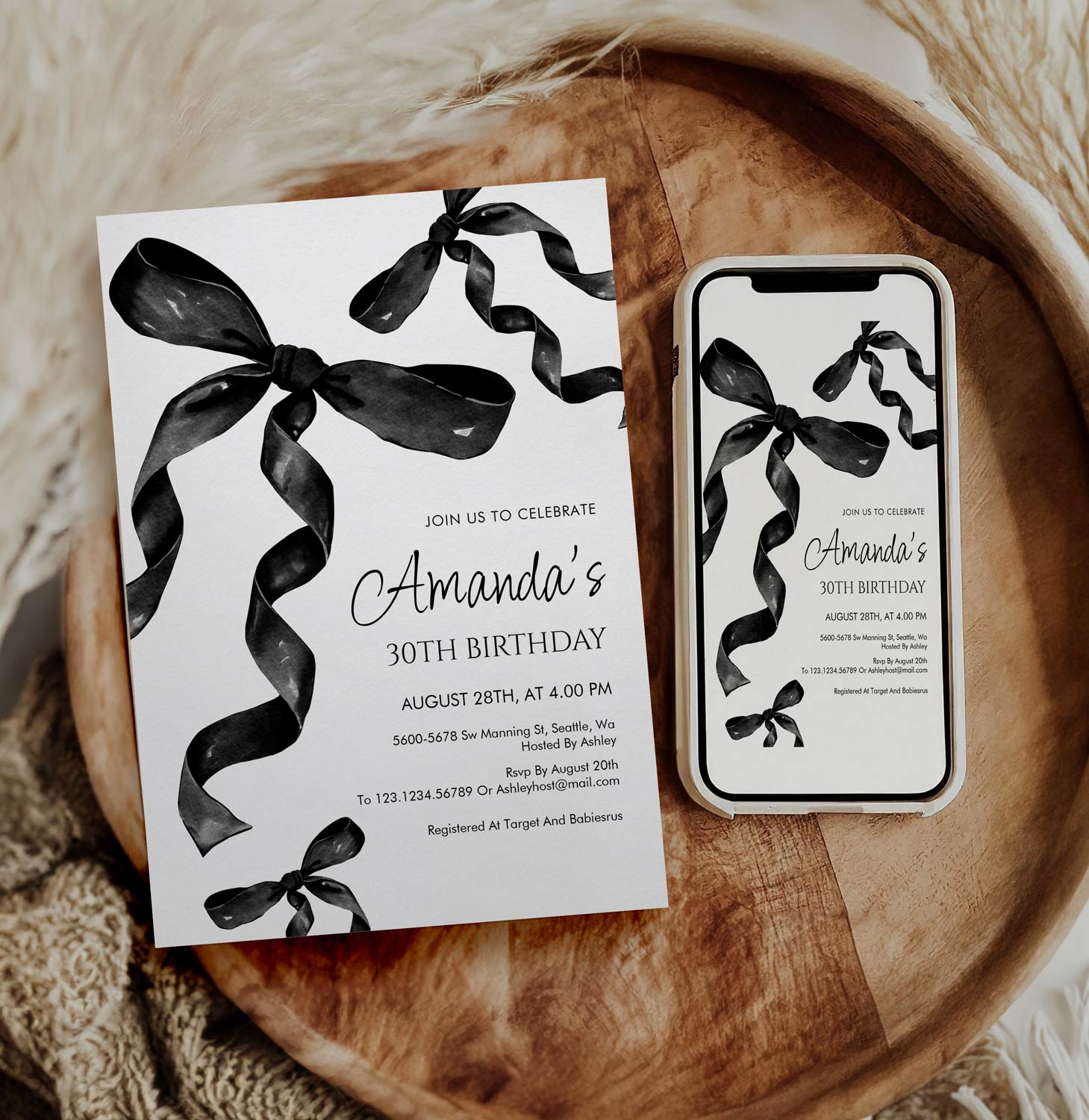Black Coquette Bow Birthday Invitation