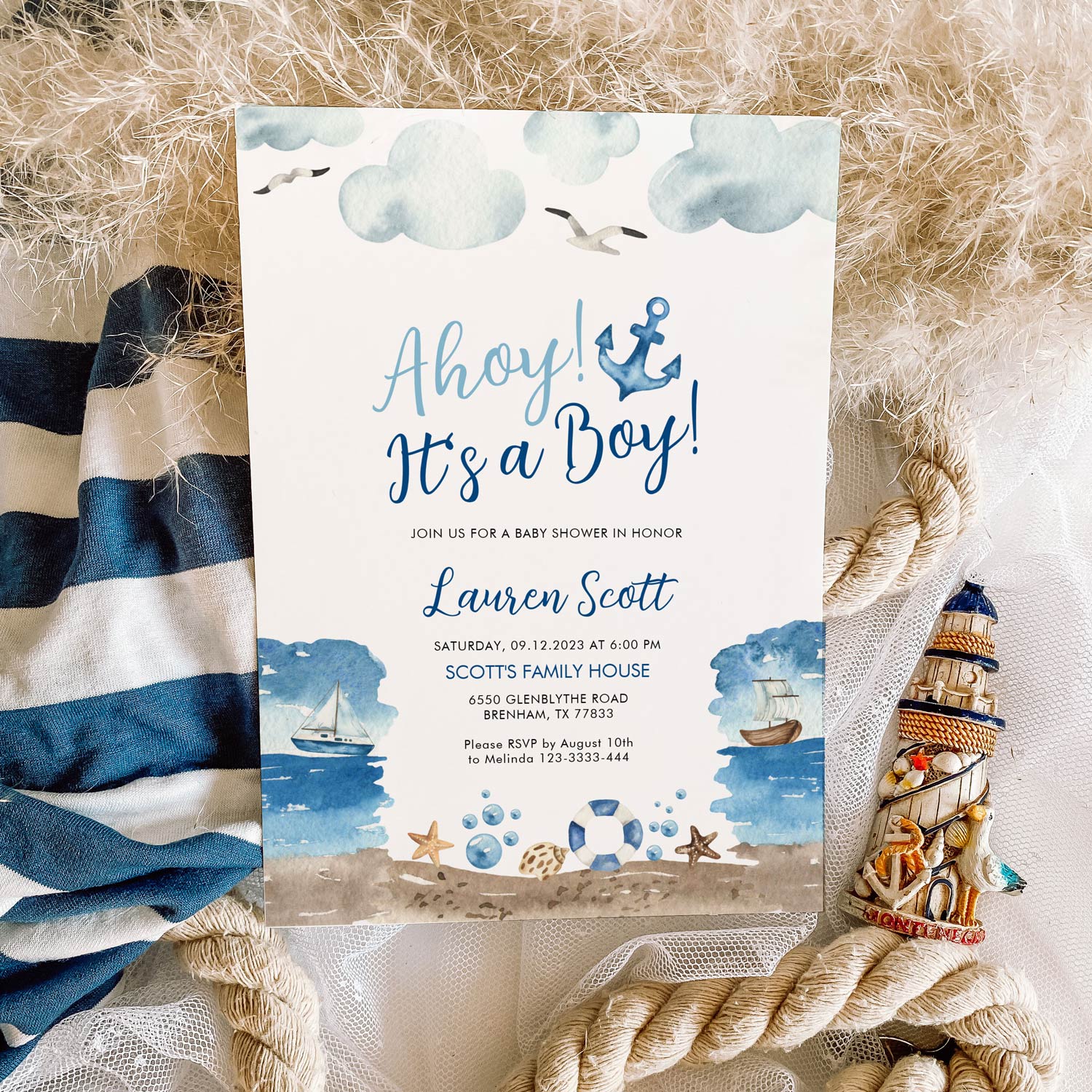 Ahoy It's a boy boy baby shower invitation