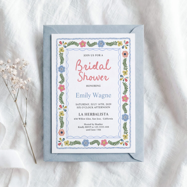 folk hand drawn invitation bridal shower