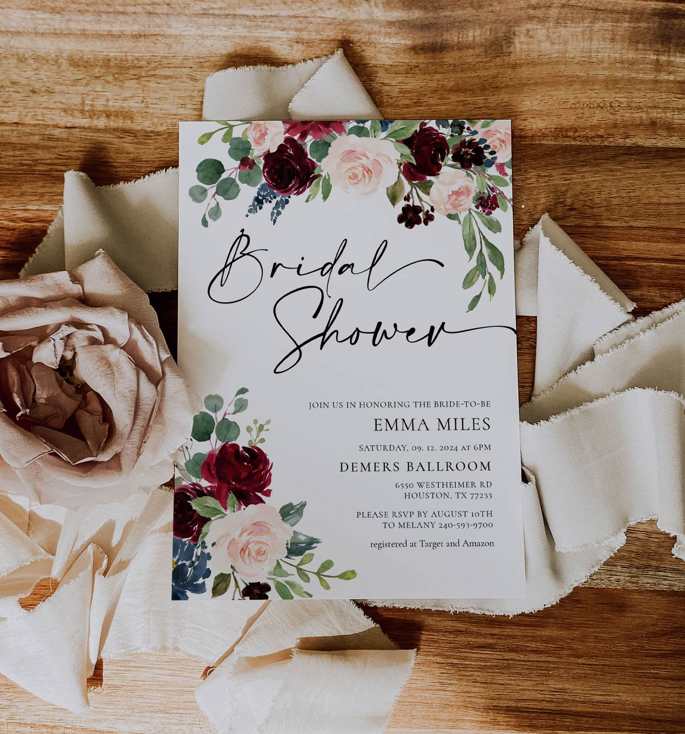 boho Burgundy bridal shower invitation