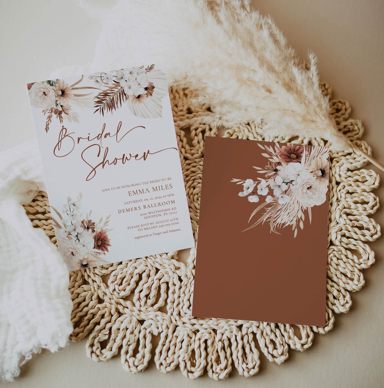boho pampas bridal shower invitation