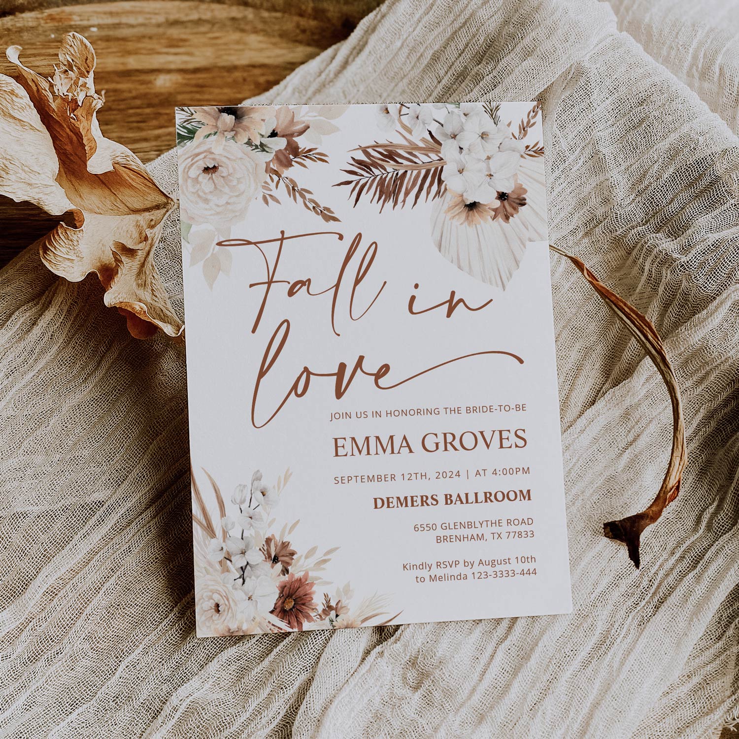 boho pampas fall in love invitation