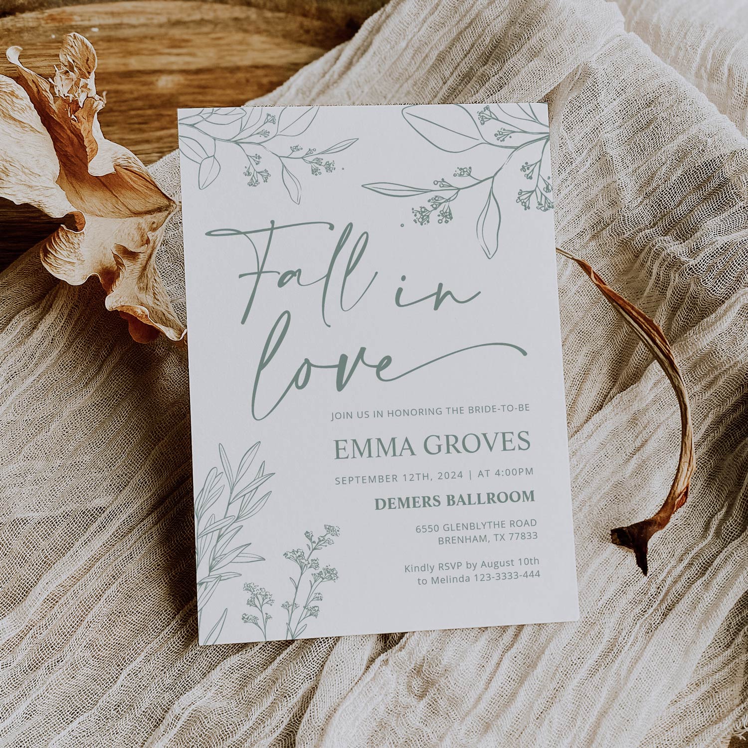 White and Sage Green Floral Invitation Fall in love invitation
