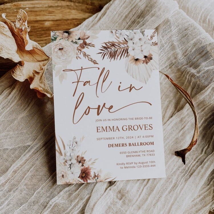 Boho Pampas Bridal Shower Fall in Love Invitation