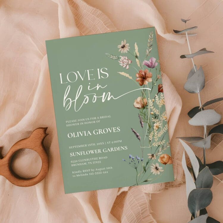 sage green love is in bloom bridal shower invitation