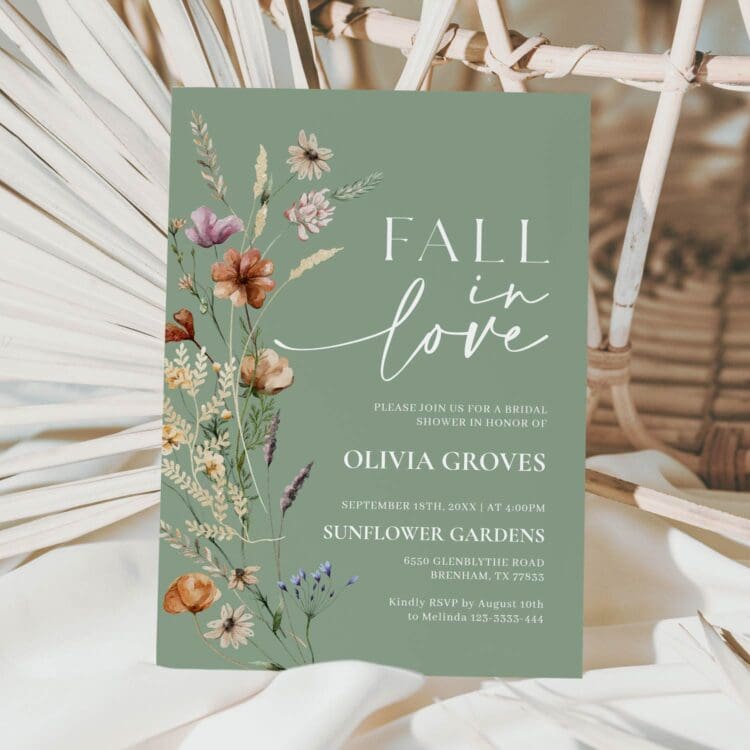 Fall in Love Sage Green Wildflower Bridal Shower Invitation
