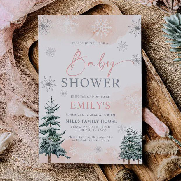 Baby shower pink winter invitation,