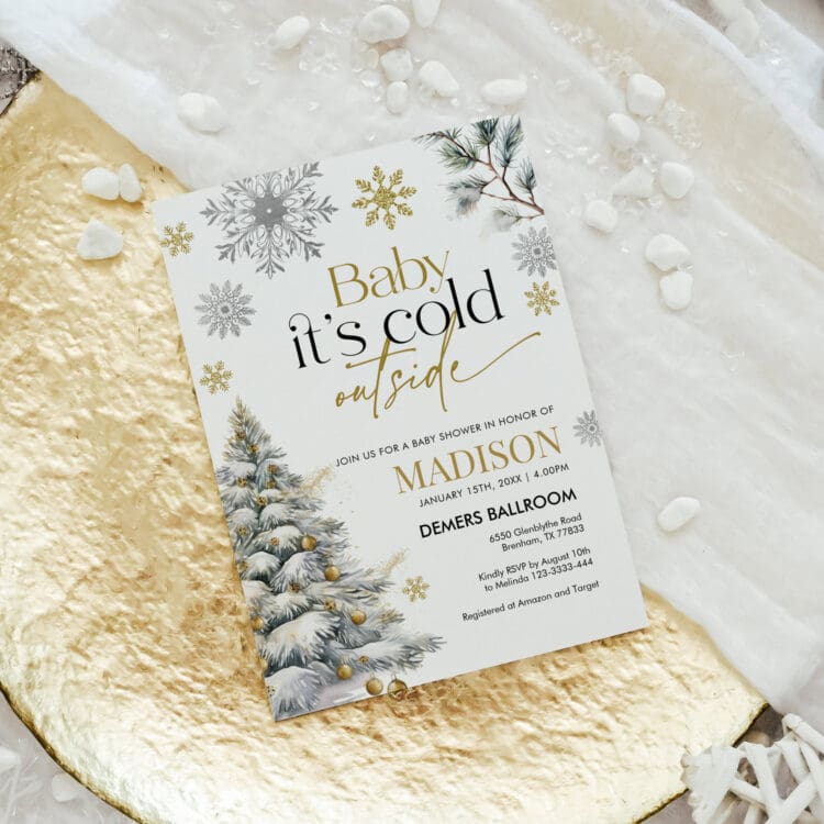 gold winter baby shower invitation