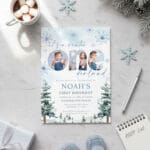 Blue Winter Onederland Boy Bday Photo Invitation