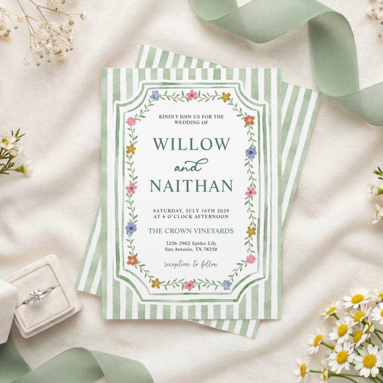 Sage Green Striped Floral Wedding Invitation