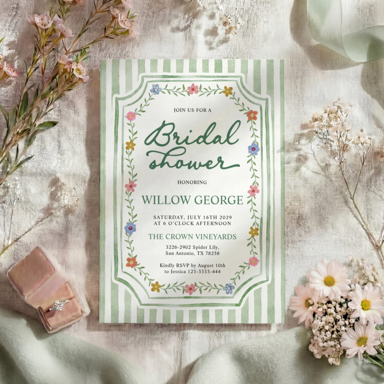 Sage Green Striped Floral Bridal Shower Invitation