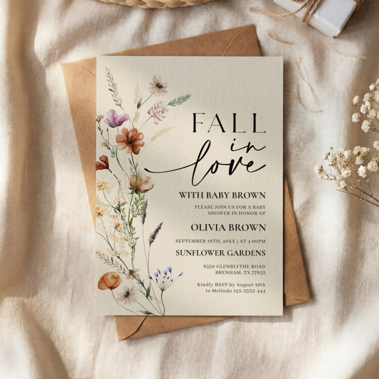 Fall in Love Beige Wildflower Baby Shower Invitation