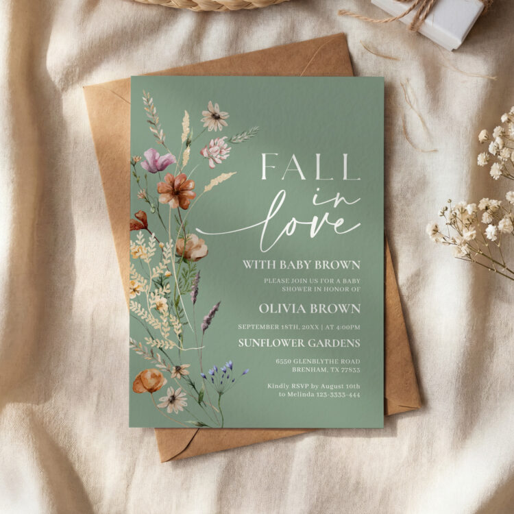 Fall in Love Sage Green Wildflower Baby Shower Invitation
