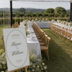 Sage green striped oval wedding welcome sign for Harper and Will’s Tuscan-inspired celebration