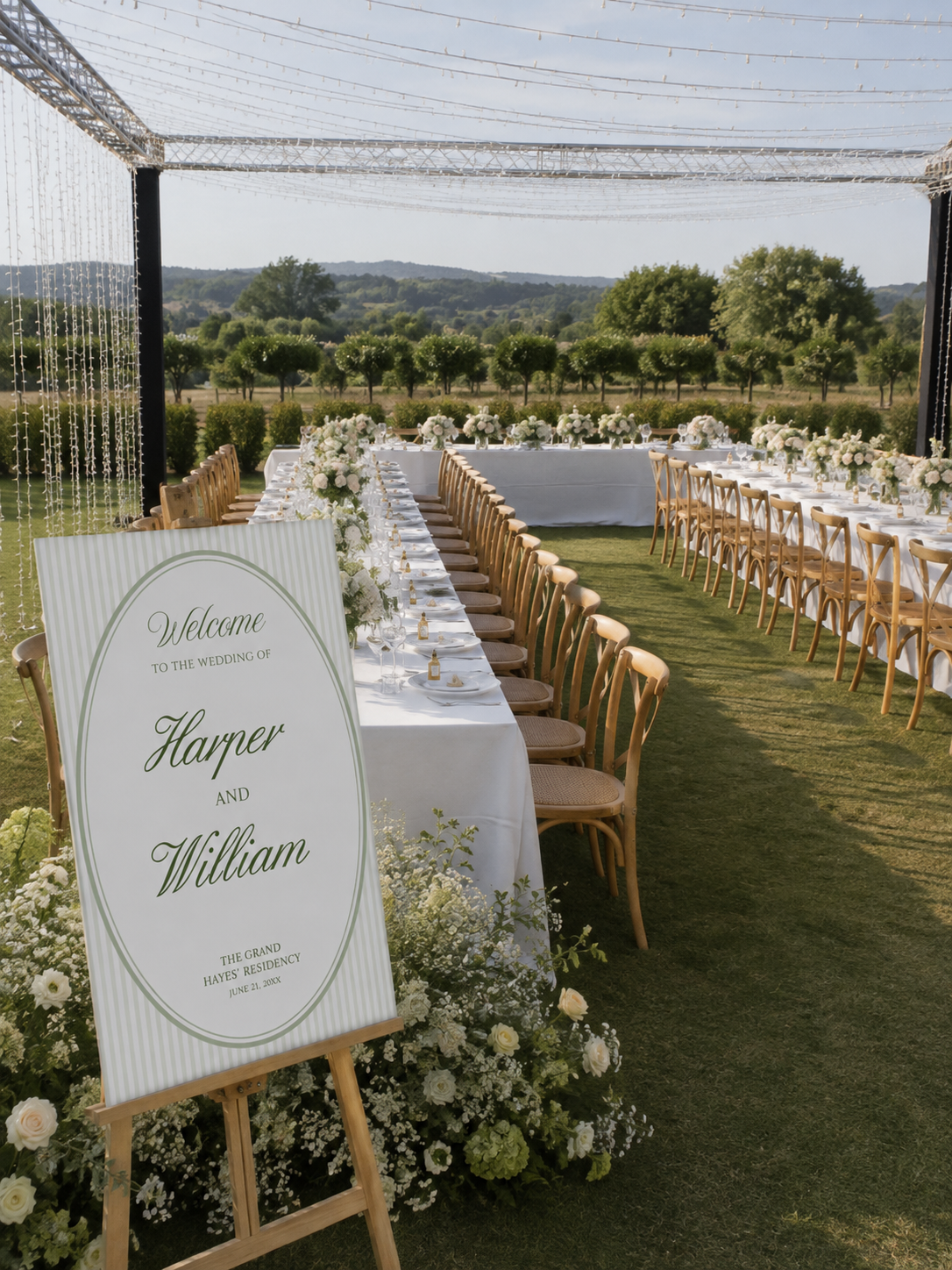 Sage green striped oval welcome sign at Harper and Will’s Tuscan-inspired outdoor wedding reception