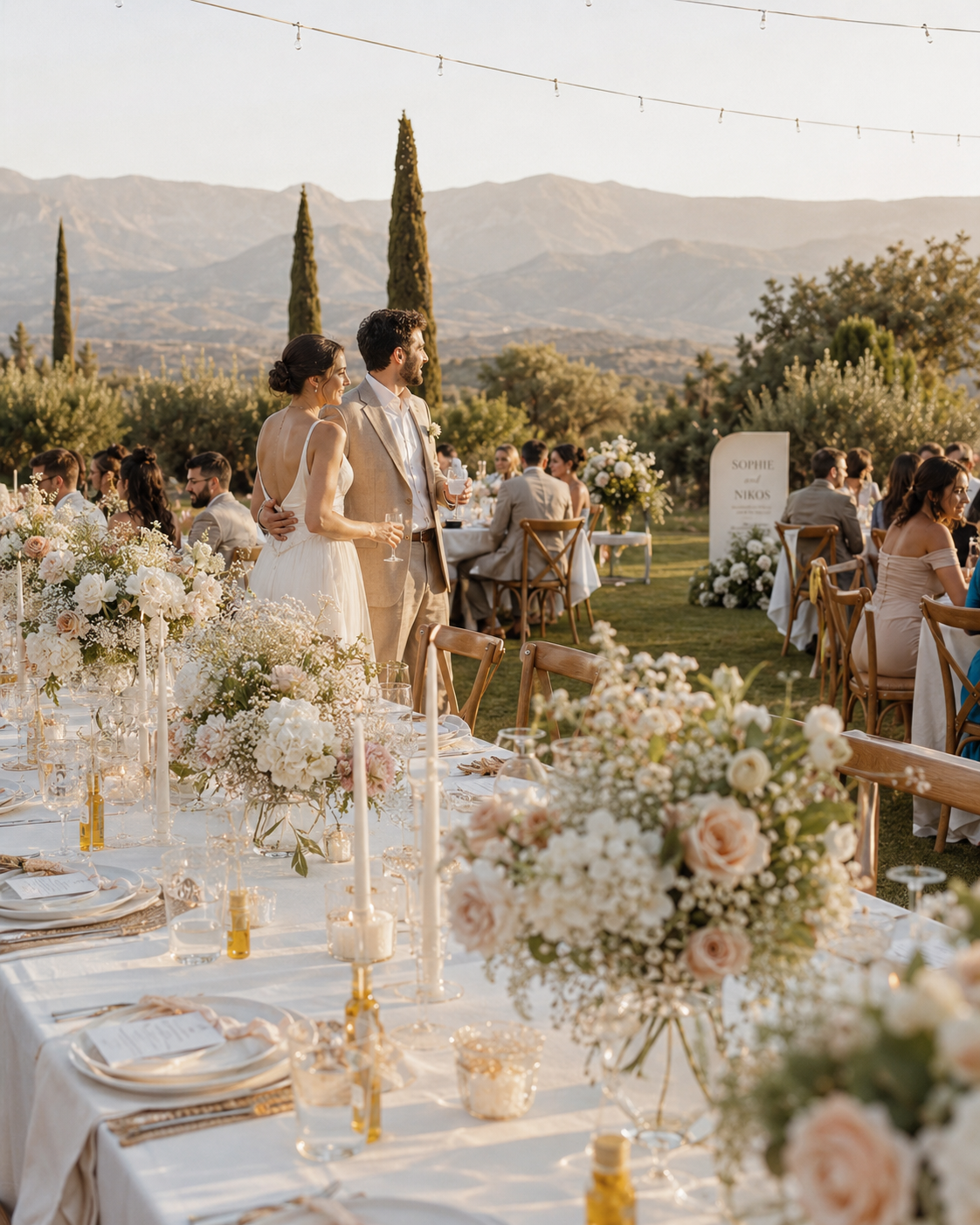 Couple at a flower-filled Tuscan wedding reception with long tables and olive grove views