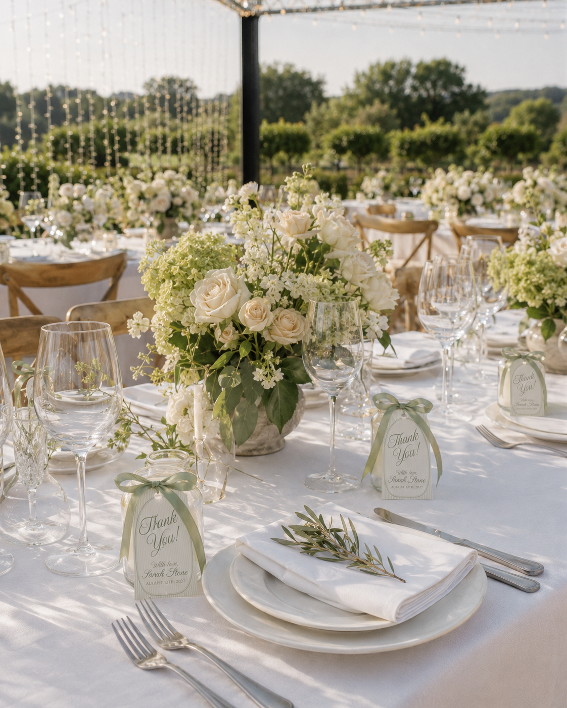 Sage green thank-you tags tied to wedding favor candles on a flower-filled reception table