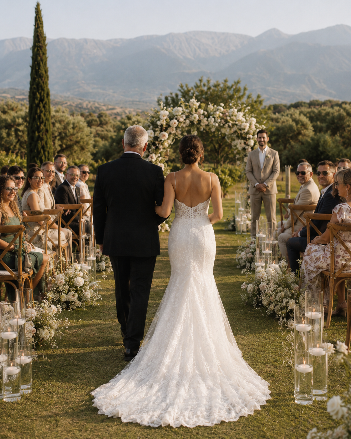 Bride walking down a flower-lined aisle in an olive grove with mountains beyond