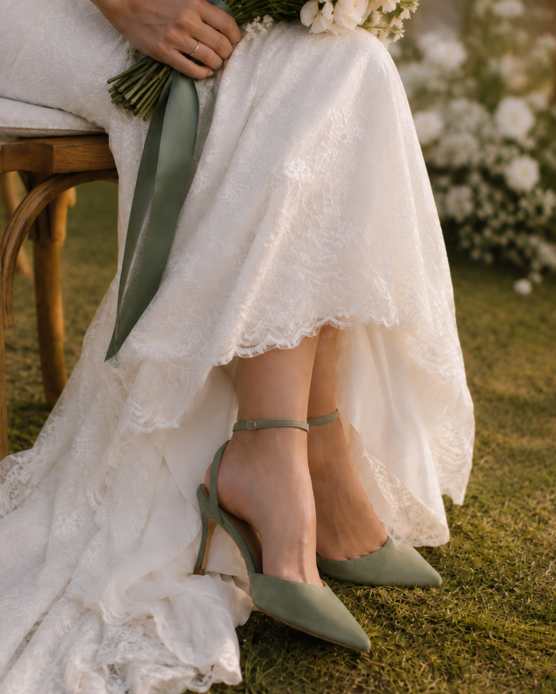 Bride’s sage green shoes, lace wedding gown and bouquet tied with a green ribbon