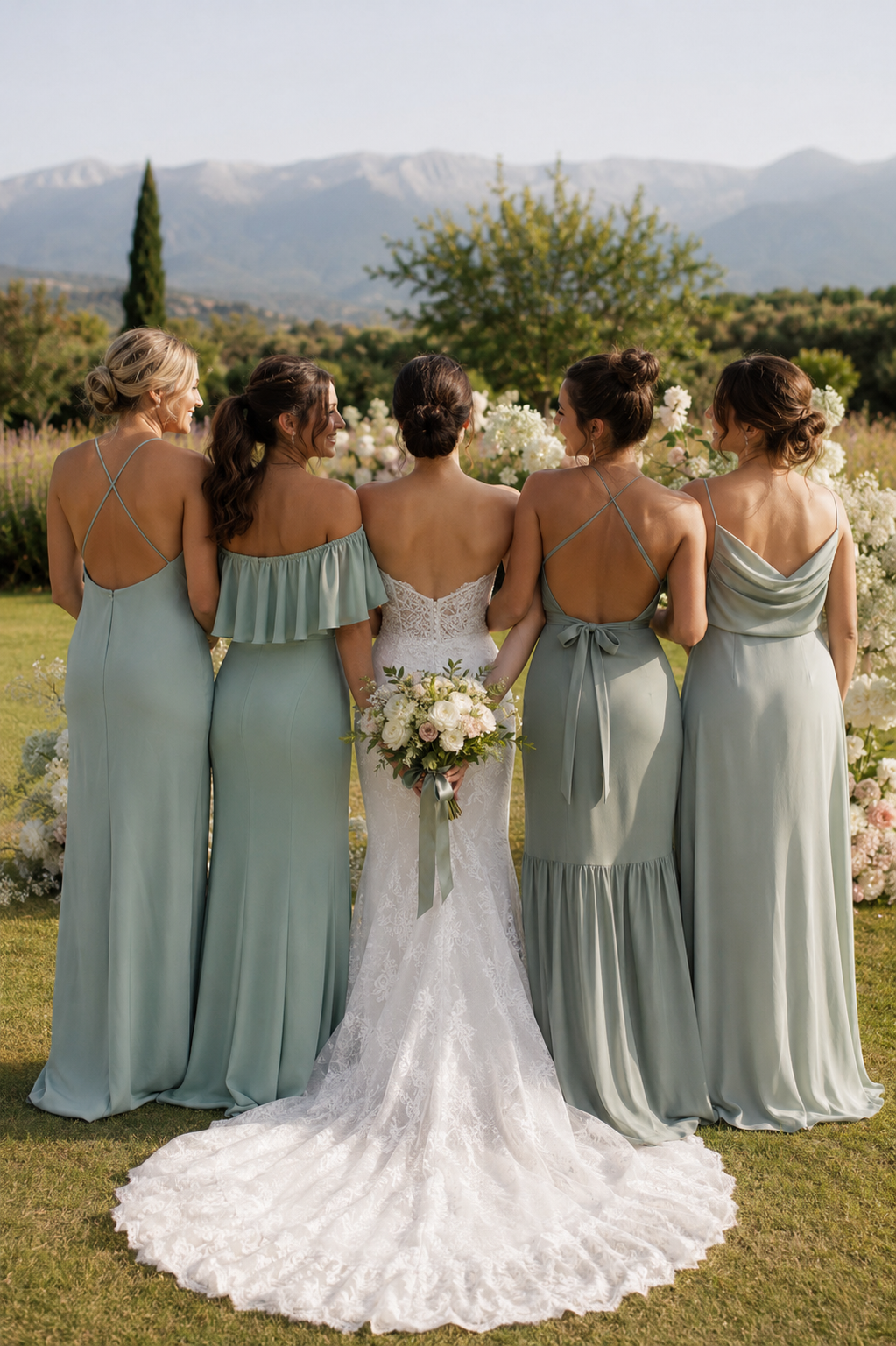 Bride and bridesmaids in sage green dresses holding a cream and green bouquet