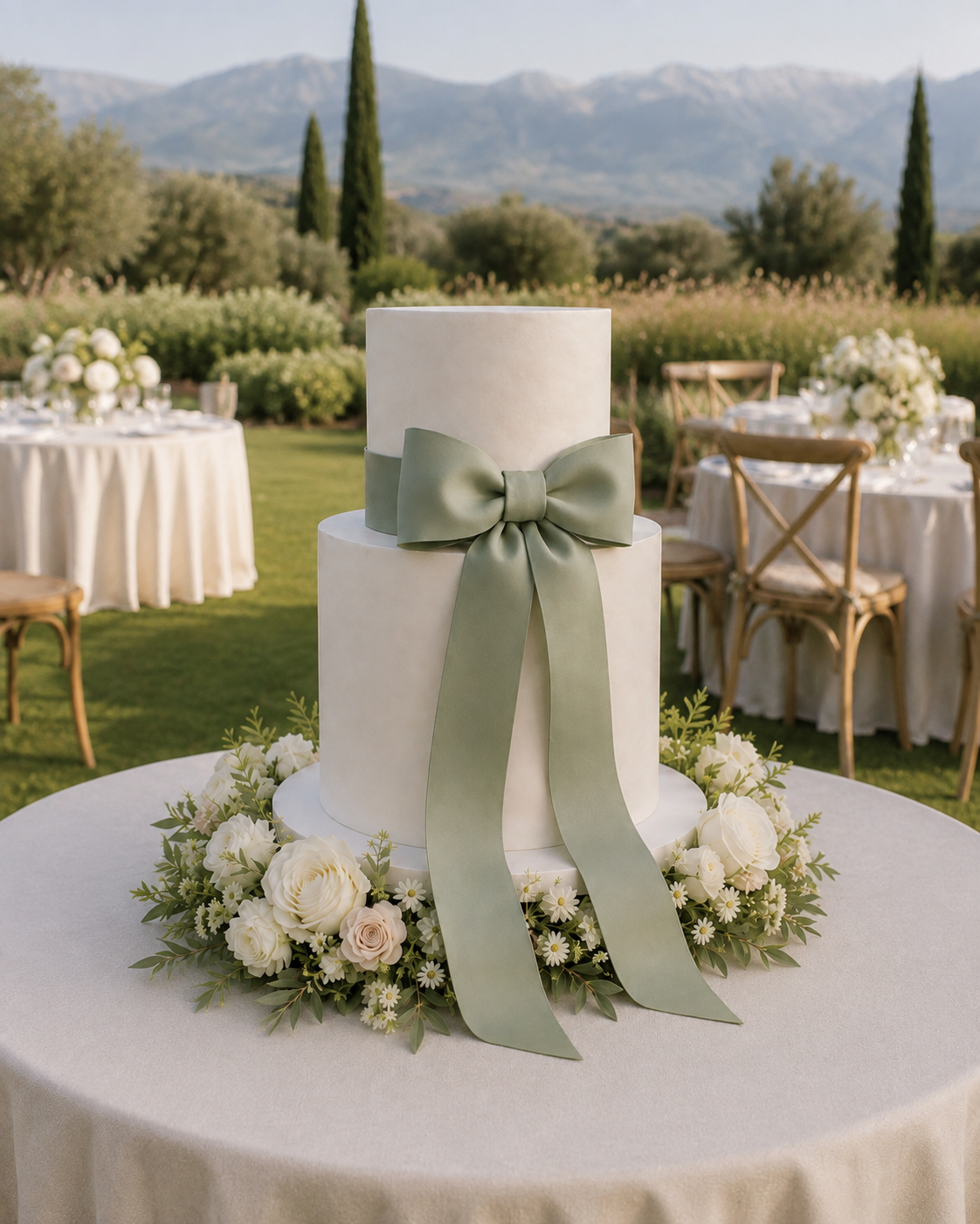 White wedding cake decorated with a large sage green satin bow and cream flowers