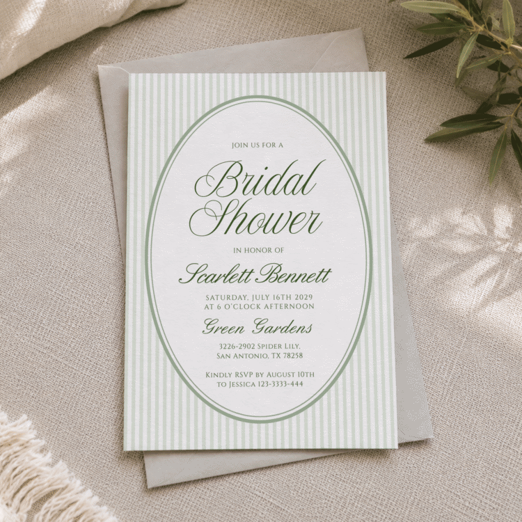 Oval Sage Green Striped Bridal Shower Invitation