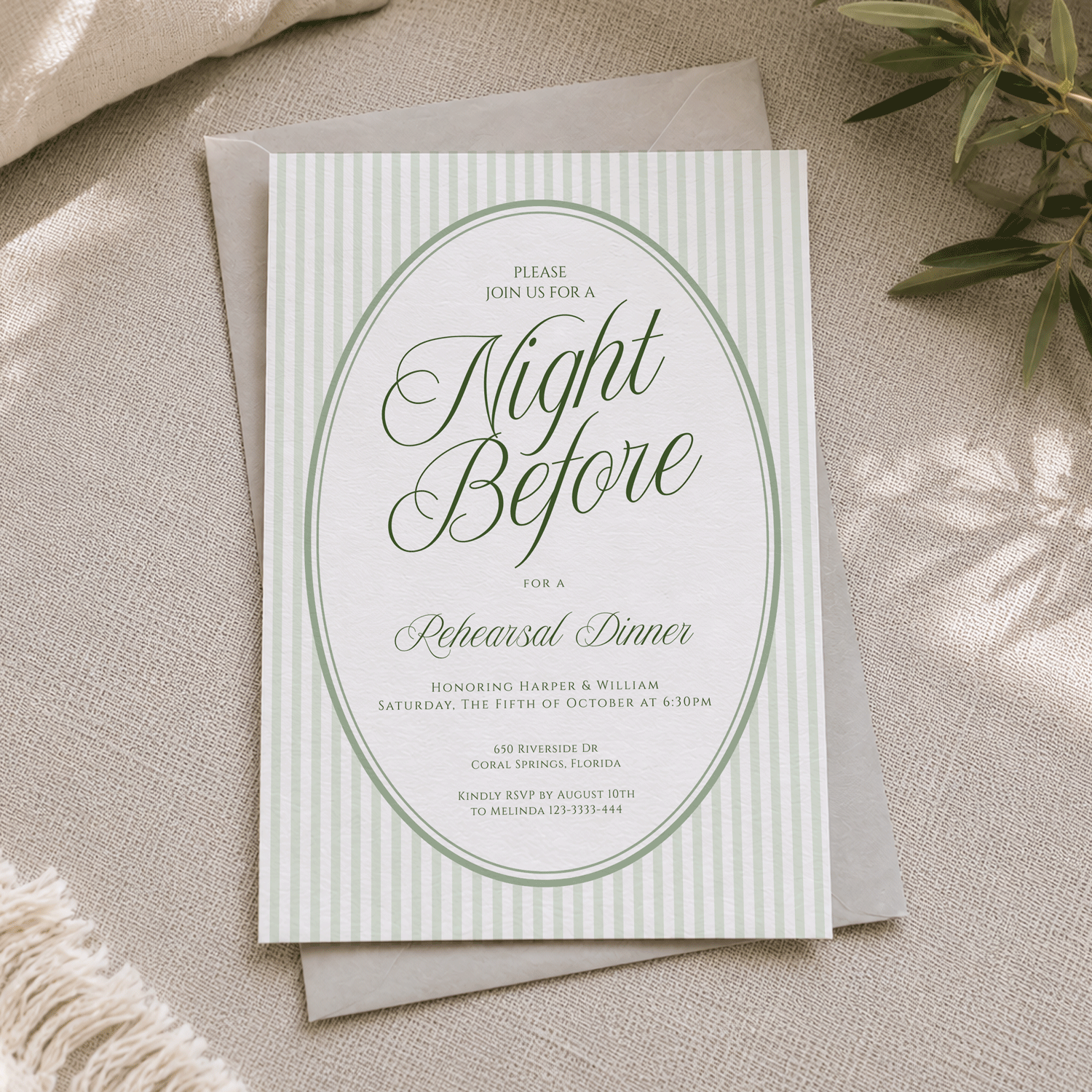 Sage green striped oval rehearsal dinner invitation for Harper and William