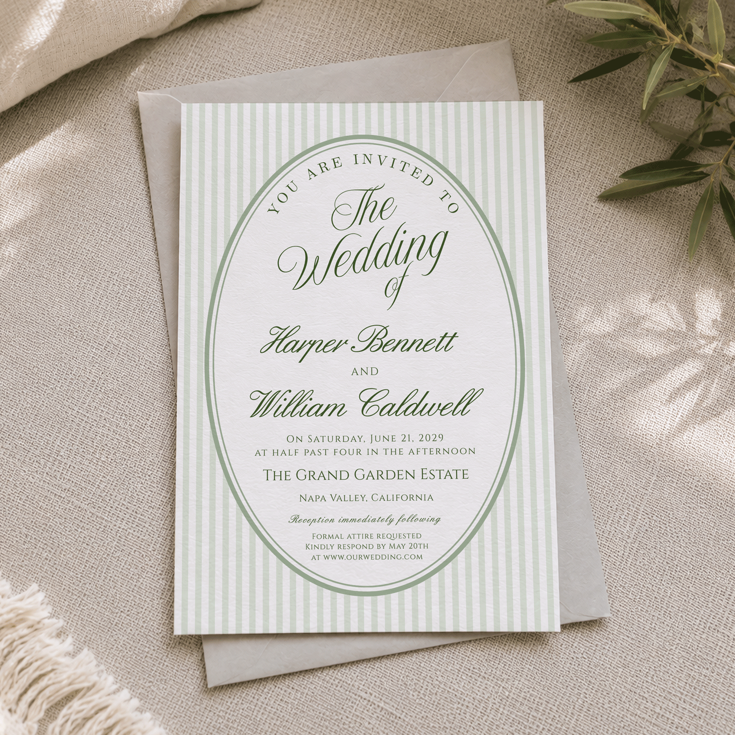 Sage green striped oval wedding invitation mockup