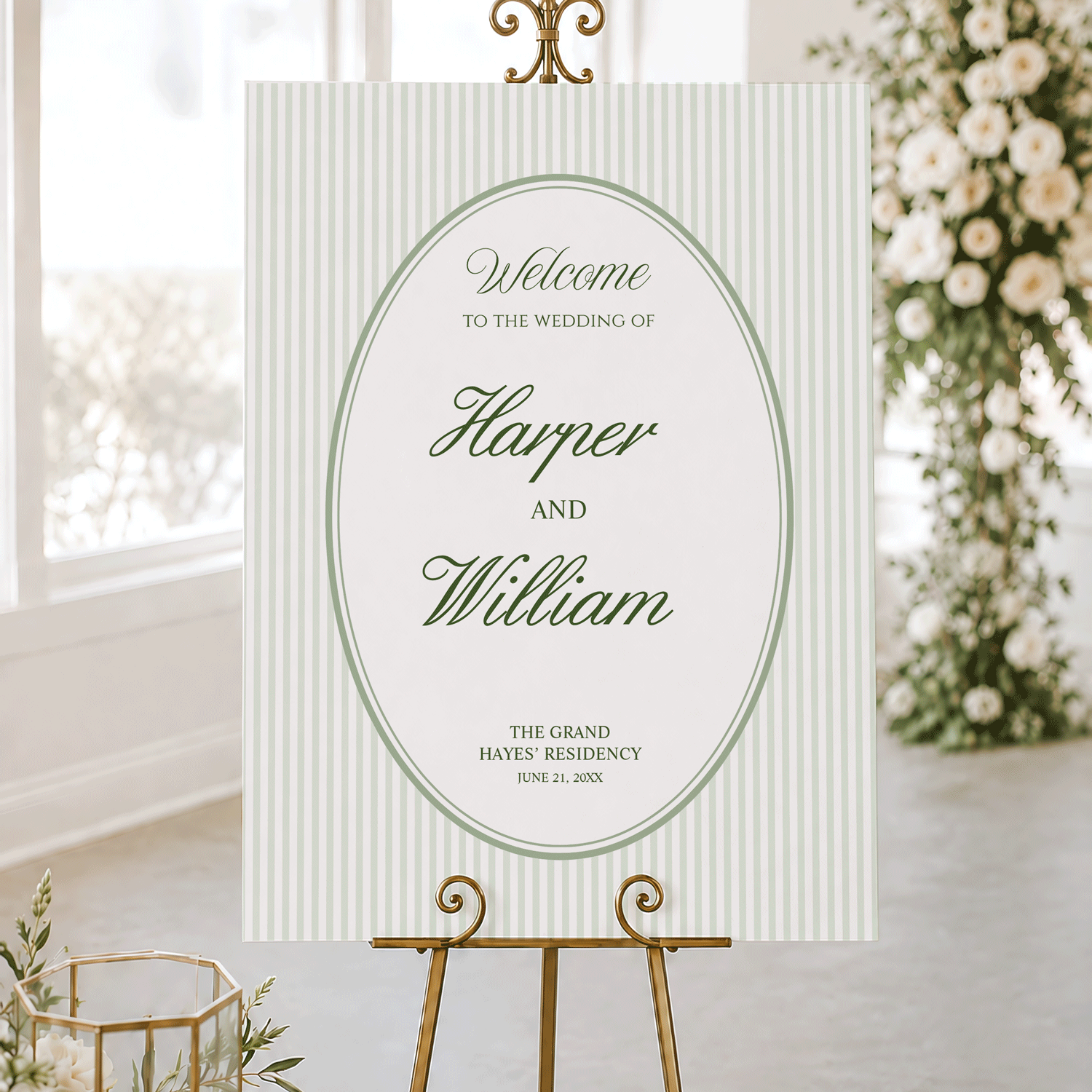 Sage green striped oval wedding welcome sign mockup for Harper and William